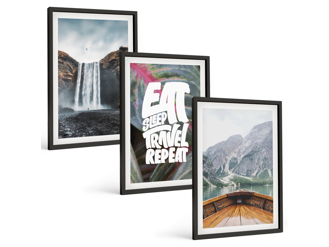 Conjunto De Pinturas Cachoeira, Montanhas, Natureza, Barco Moldura Preta Pinturas De Quarto Espelharte (3 Piezas De 40x60 Cm)