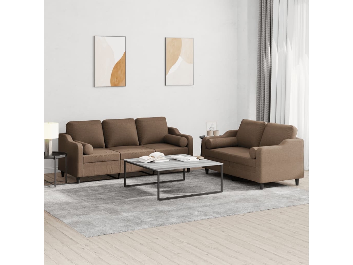 Vidaxl 2 Pcs Conjunto De Sofás Com Almofadas Tecido Castanho