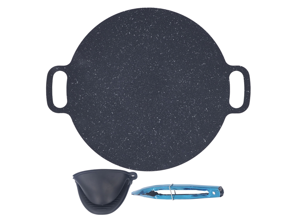 Prato Churrasco Redondo Antiaderente 30cm Com Pinça E Luvas