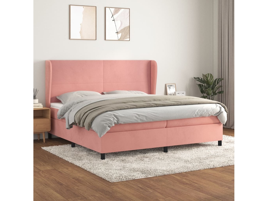 Cama Com Molas/colchão 200x200 Cm Veludo Rosa