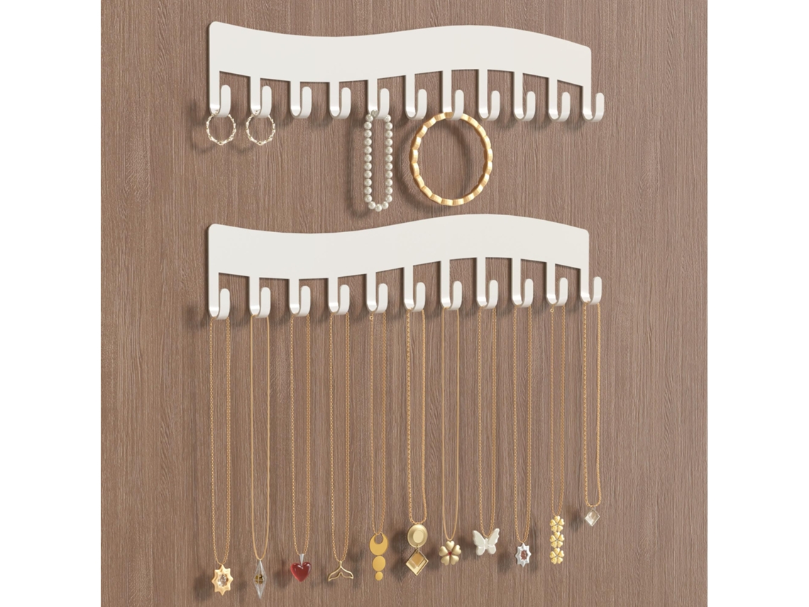 Conjunto De 2 Suportes Para Correntes – Ganchos Parede – Arrumação Casa – 26,5 X 3 Cm – Ferro – Branco