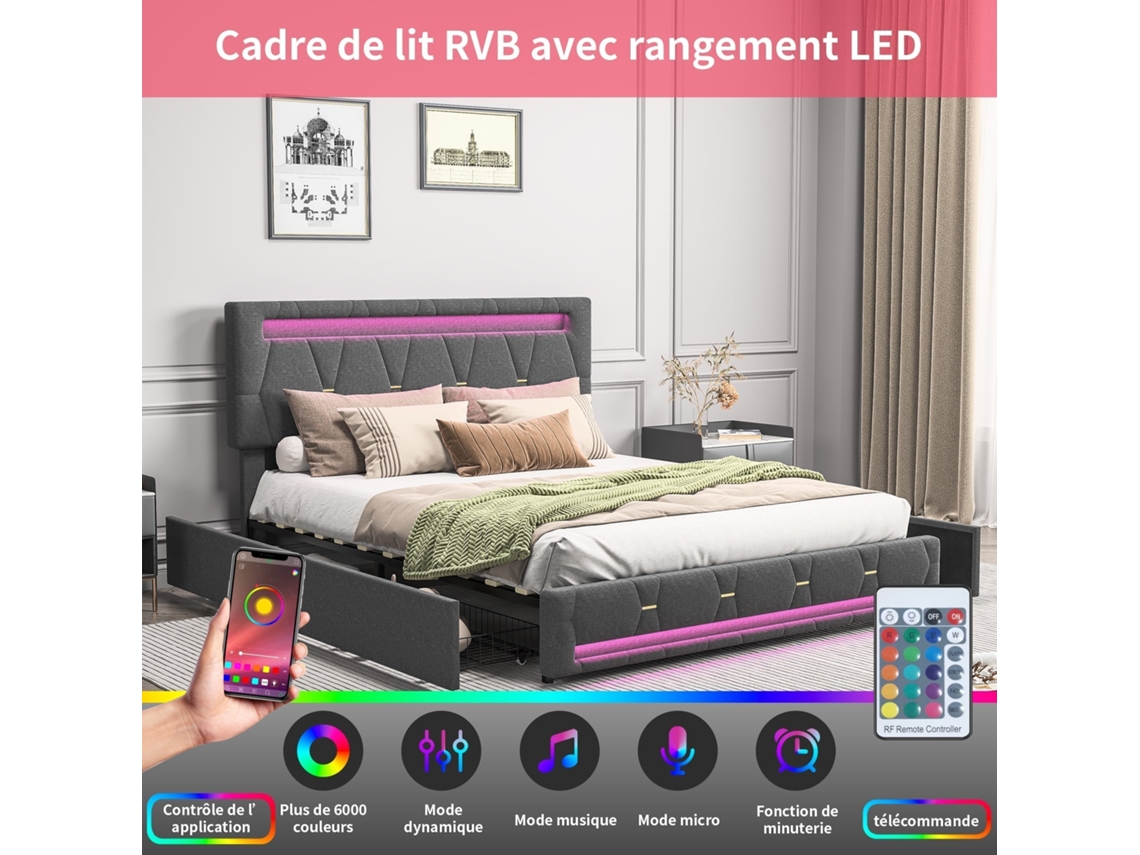 Cama com Gavetas, Led, Usb, Linho Cinza, 160x200 Cm, SIMURQ