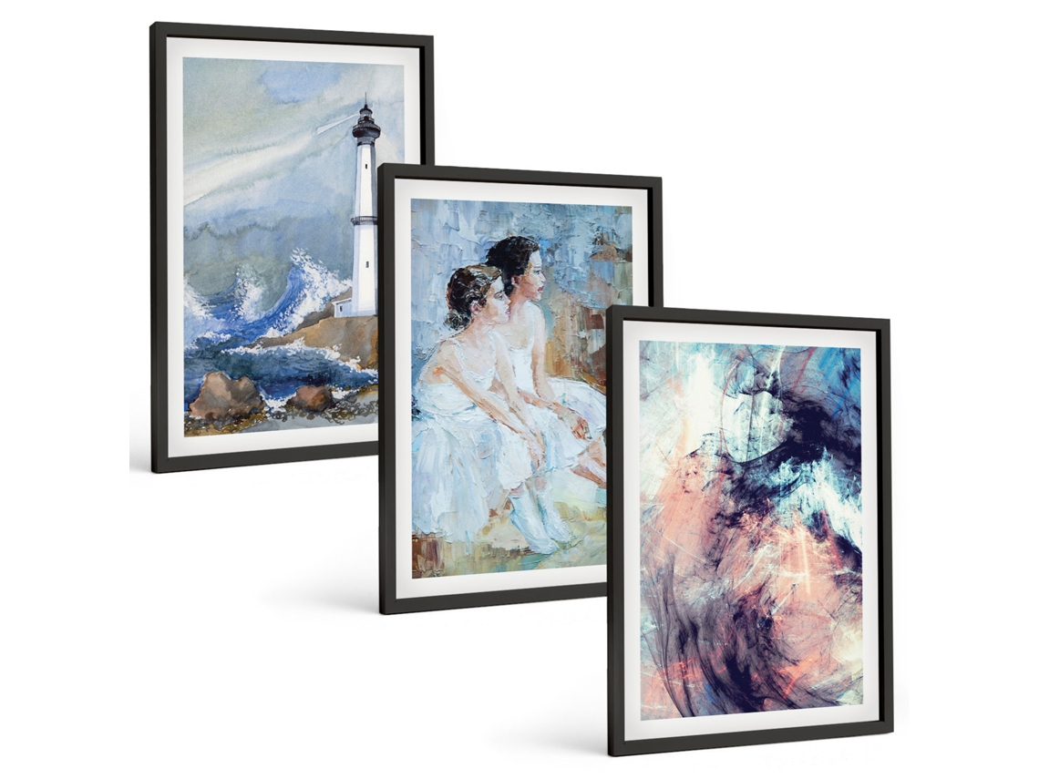 Quadros Decorativos Para Parede Farol, Dançarina Abstrata Moldura Preta Quadros Para A Sala De Estar Espelharte (3 Piezas De 40x60 Cm)