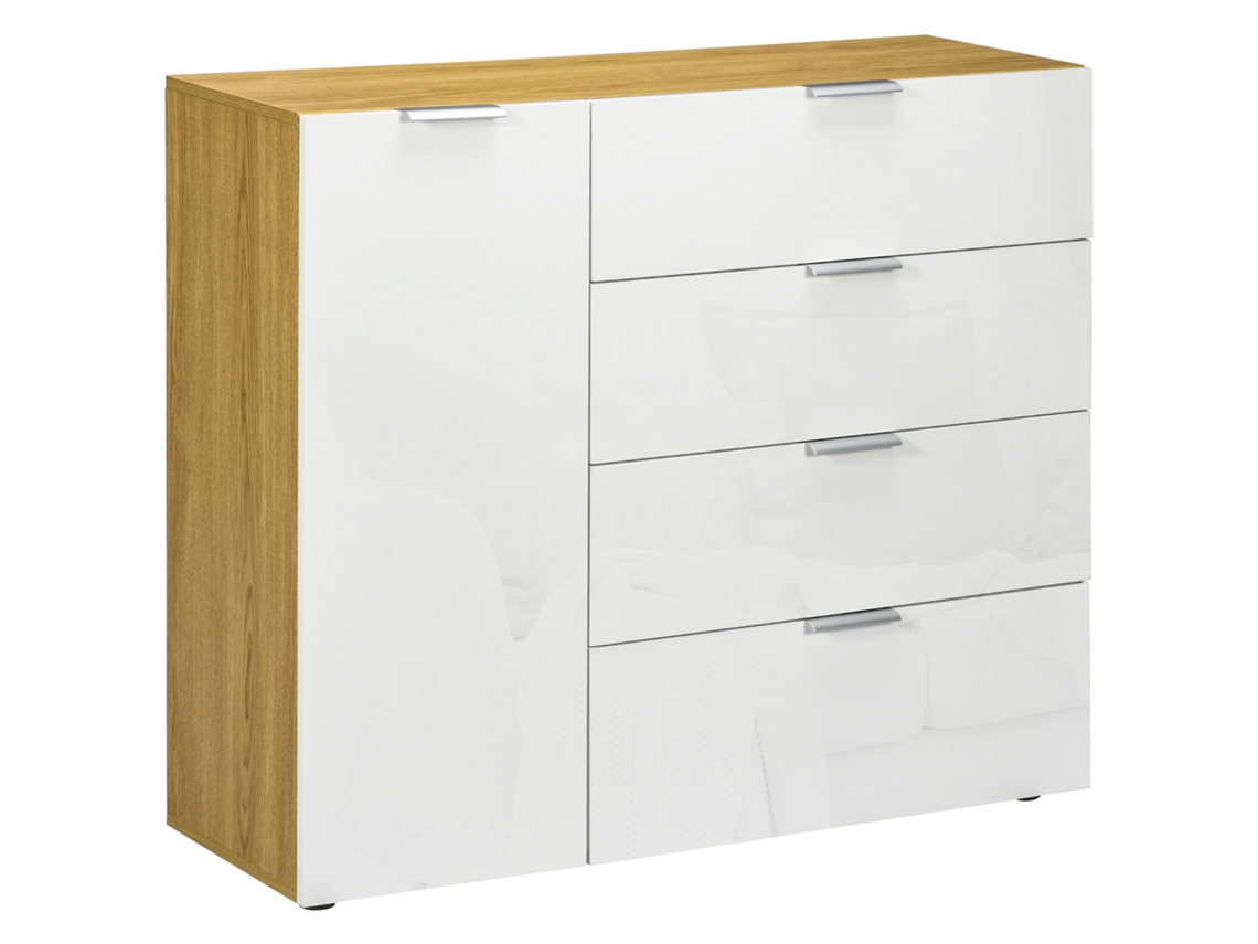 Aparador de Sala de Estar com 4 Gavetas de Alto Brilho Porta e Prateleiras Ajustáveis 105x35x92cm Branco e Madeira BTFORUS
