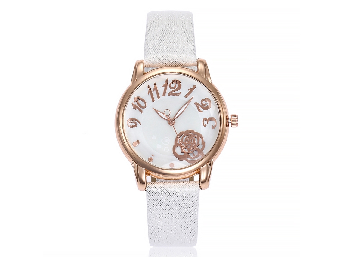 Relógio de Pulso Feminino Vansvar de Couro Pu com Mostrador Flor de Rosa Branco