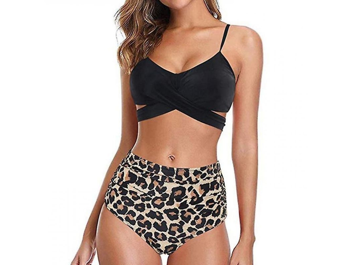 2026 traje de Banho de Duas Peças Leopardo de Cintura Alta para Mulher com Tirantes Ajustáveis e Forro Não Removível L Leopardo Negro