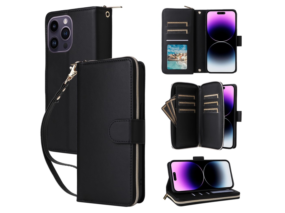 Capa Para Iphone 14 Pro Max Pele Sintética Com Porta-cartões Preto