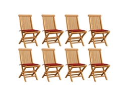 Cadeiras De Jardim C/ Almofadões Vermelhos 8 Pcs Teca Maciça Dkd Home Decor