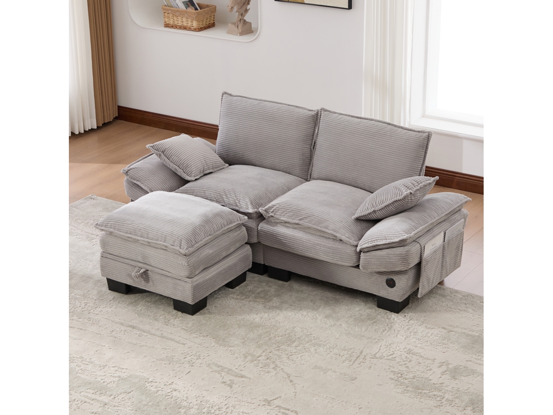 Sofá Modular 2 Lugares, Poltrona, Assento Amplo, Design Ergonômico, Espuma Densa, Usb-c, Bolsos. Cinza Claro, Ideal Para Sala, Escritório Ou Lounge.