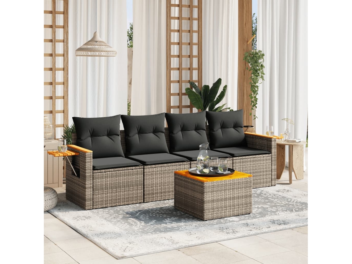 Vidaxl 5 Pcs Conjunto Sofás de Jardim C/ Almofadões Vime Pe Cinzento