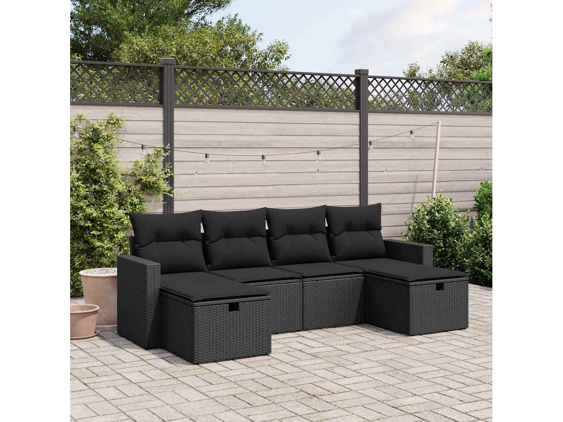 Vidaxl 6 Pcs Conjunto Sofás De Jardim C/ Almofadões Vime Pe Preto