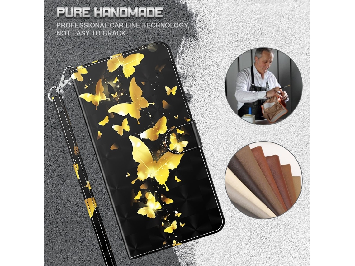 Capa Pega Borboletas Douradas Para Iphone 15 Pele Sintética