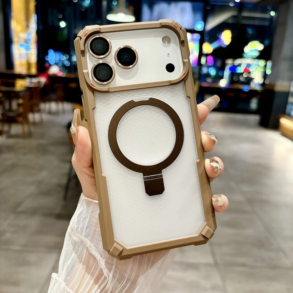(marrom, Iphone 12) Capa Protetora Resistente A Impactos Com Suporte Magnético De Metal E Anel De Vidro Para A Lente Da Câmera.