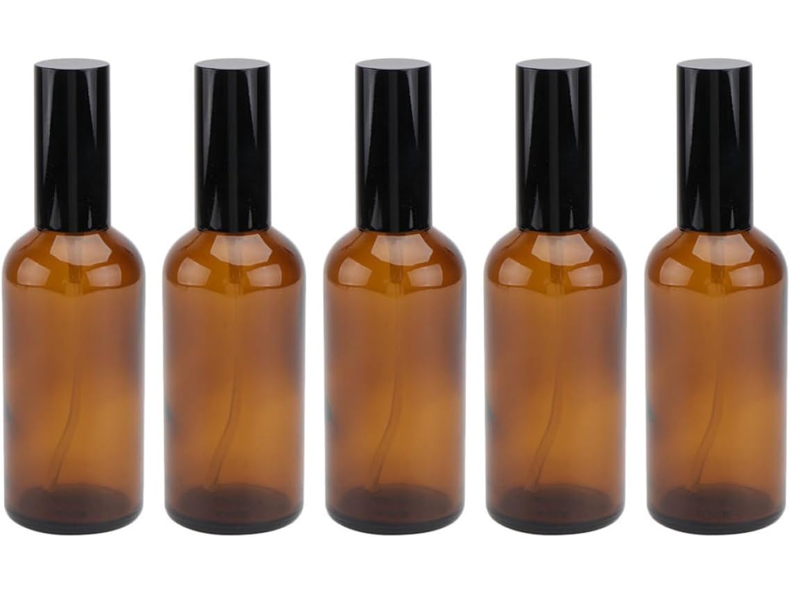 Frascos de spray recarregáveis de 100 ml, pacote com 5 unidades, em vidro marrom resistente e fáceis de usar.