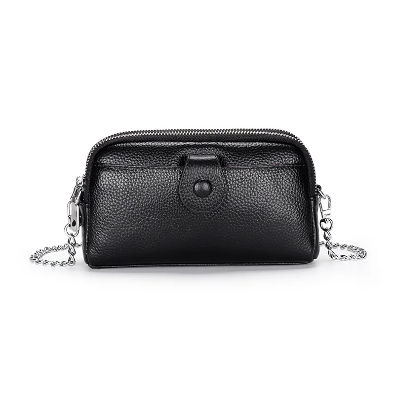 Carteira Longa Feminina Em Couro Legítimo (corrente Preta), Carteira De Mão, Bolsa De Pulso Com Zíper Duplo.
