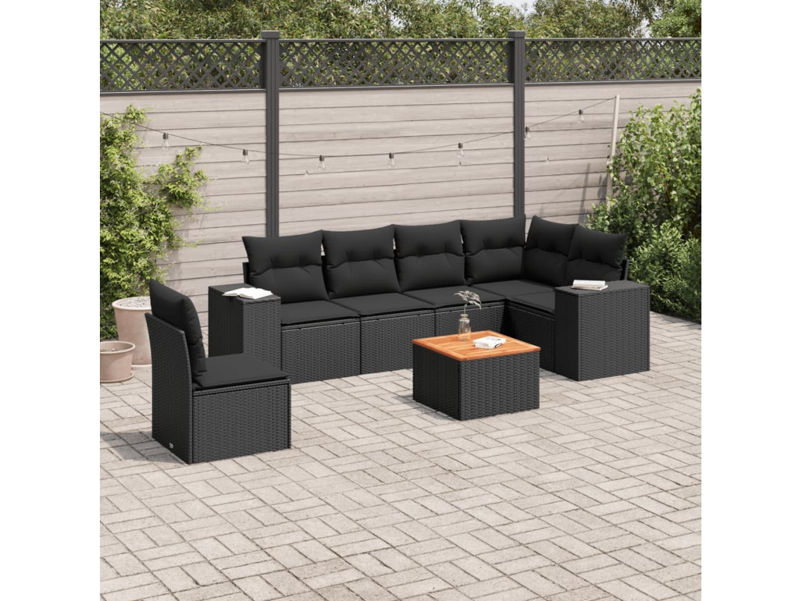 Vidaxl 7 Pcs Conjunto de Sofás P/ Jardim C/ Almofadões Vime Pe Preto