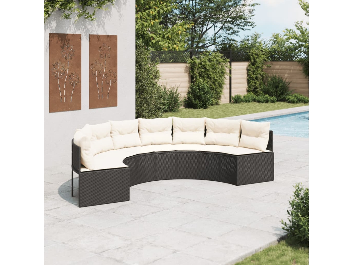 Vidaxl Sofá De Jardim Com Almofadões Semicircular Vime Pe Preto