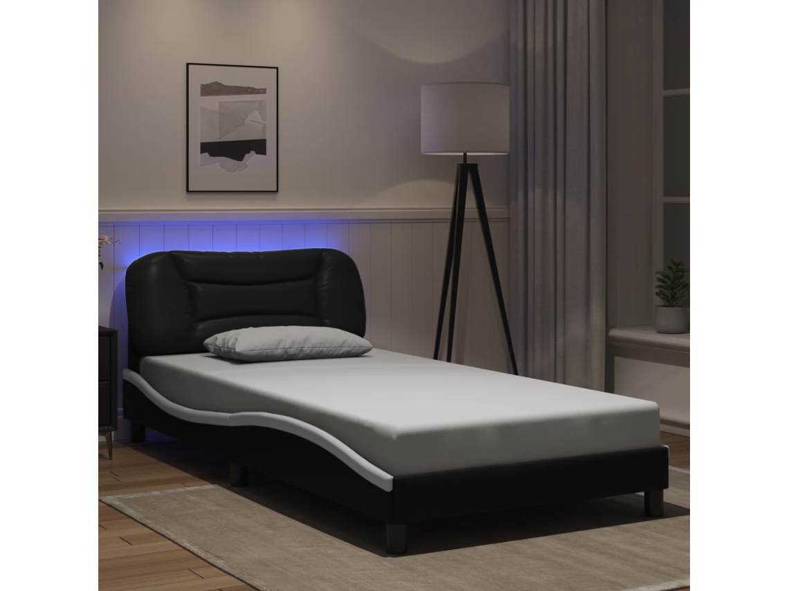 Estrutura Cama C/ Luzes Led 100x200cm Couro Artif. Preto/branco
