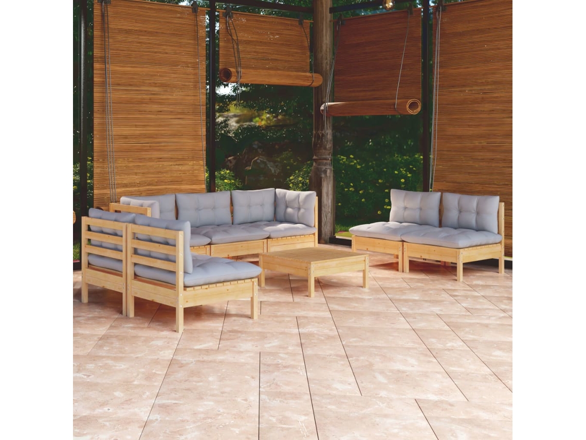 Vidaxl 8 Pcs Conjunto Lounge De Jardim + Almofadões Cinza Pinho Maciço