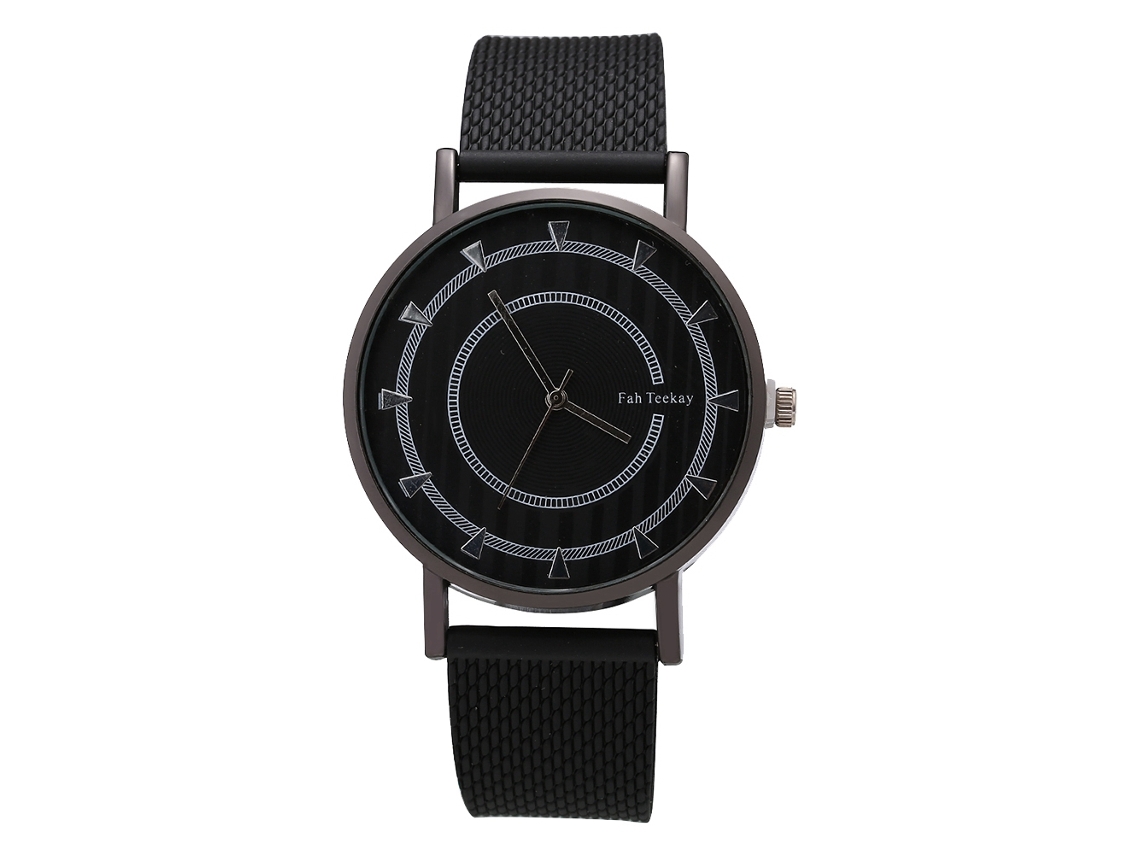 Relógio de pulso masculino de quartzo com pulseira de malha e mostrador redondo preto.