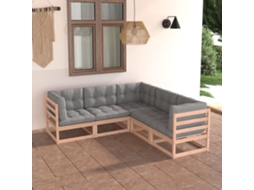 Conjunto Lounge Jardim 5 Peças C/ Almofadões Pinho Maciço Dkd Home Decor
