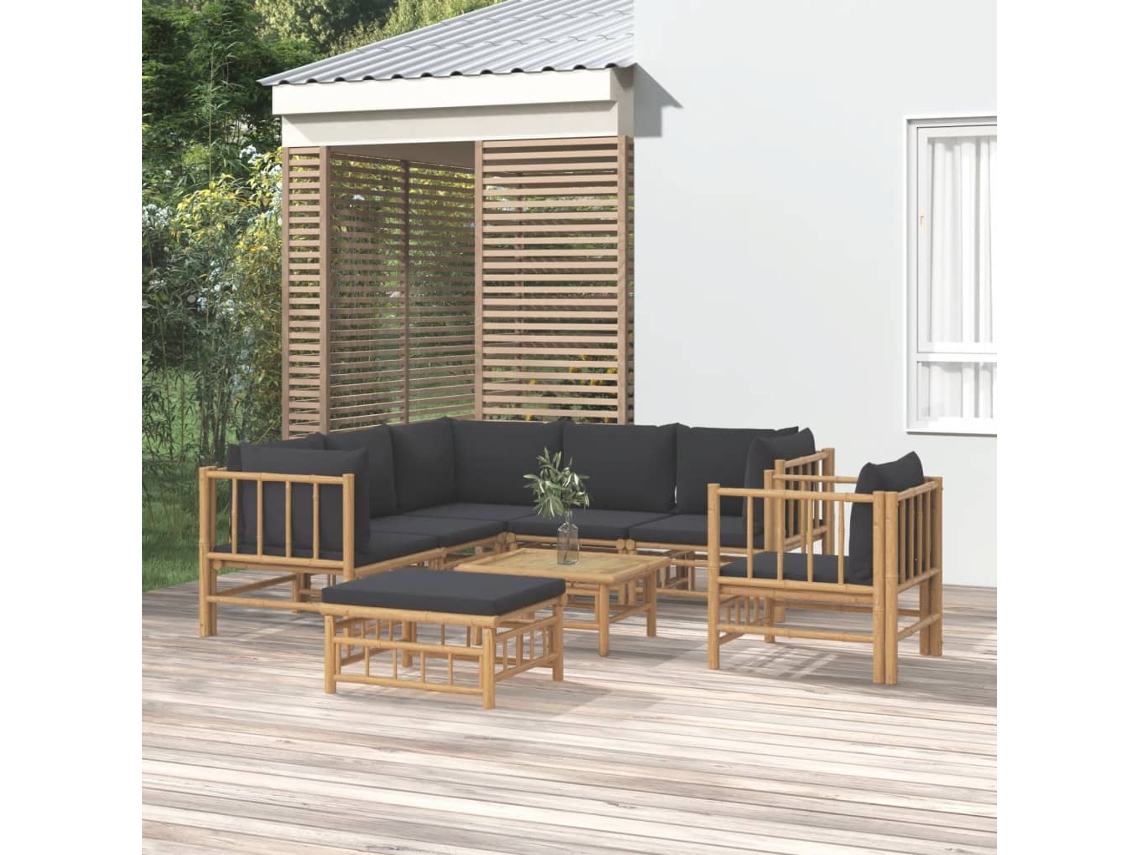 Vidaxl 8pcs Conj. Lounge De Jardim Bambu C/ Almofadões Cinzento-escuro