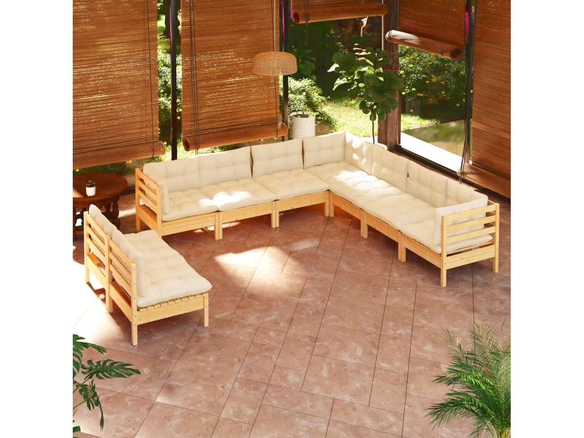 Vidaxl 9 Pcs Conjunto Lounge Jardim C/ Almofadões Creme Pinho Maciço