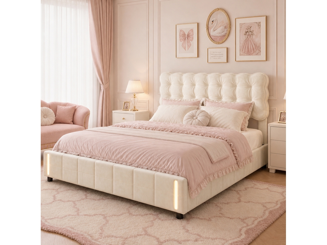 Cama Estofada 140x200cm Com Iluminação Led, Cama De Casal Hidráulica Com Base De Ripas E Espaço De Arrumação, Veludo, Bege, Simurq