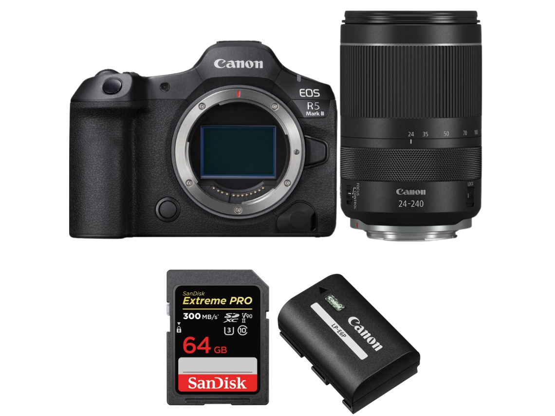 Eos R5 Mark Ii + Rf 24 240mm F/4 6.3 Is Usm + 1 Sandisk 64gb Uhs ii 300mb/s + 1 Canon Lp e6p + Ebook “20 Dicas para Fotos Que Impressionam” CANON