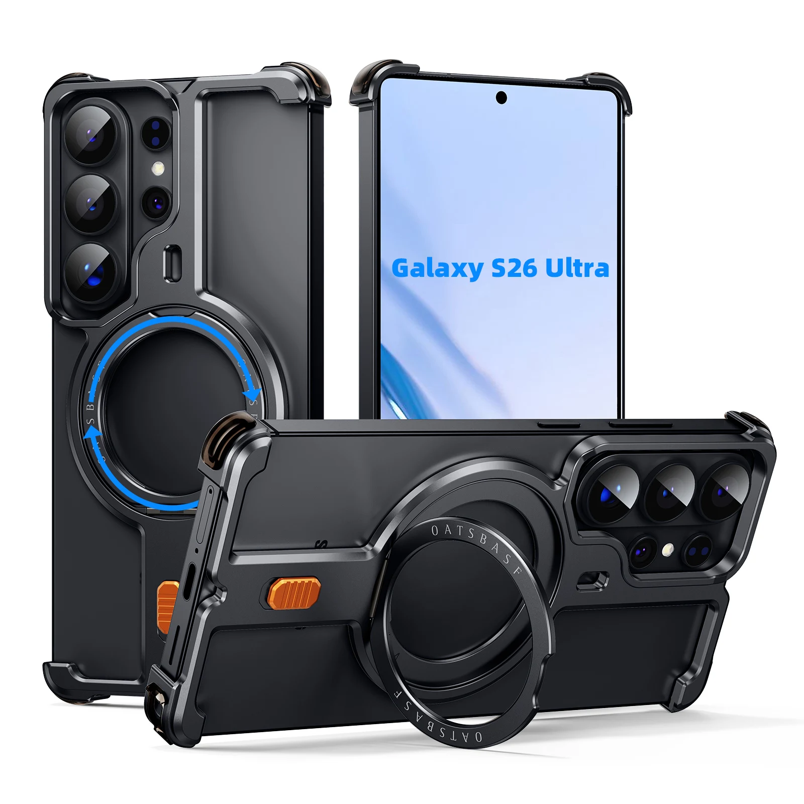 Capa Metálica Para Celular (galaxy S26 Ultra, Preta) Com Suporte Magnético Giratório De 360°, Capa Protetora Sem Moldura.
