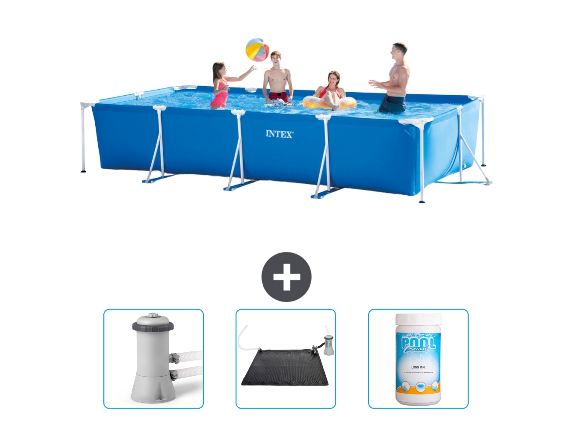 Piscina com Estrutura Retangular INTEX 450 X 220 X 84 Cm Azul Incluída Bomba de Filtro de Piscina Tapete Solar Cloro