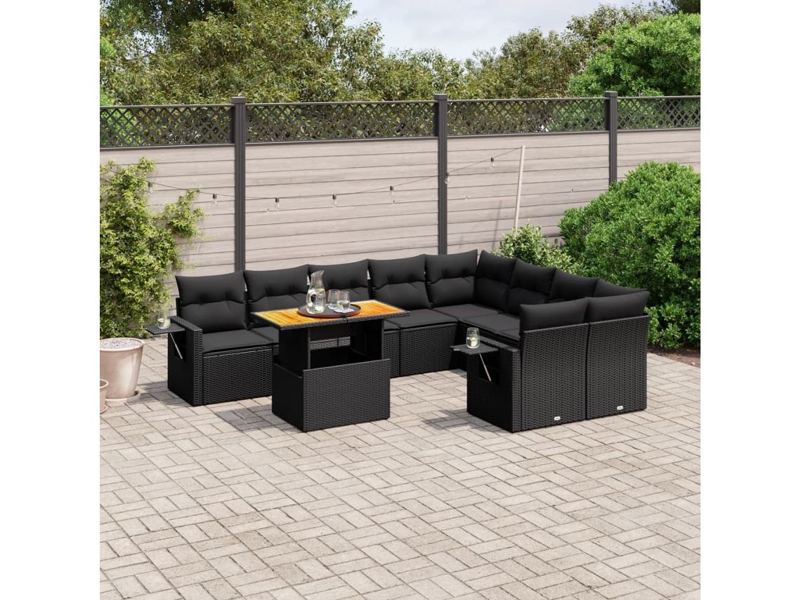 Vidaxl 10 Pcs Conjunto Sofás De Jardim C/ Almofadões Vime Pe Preto