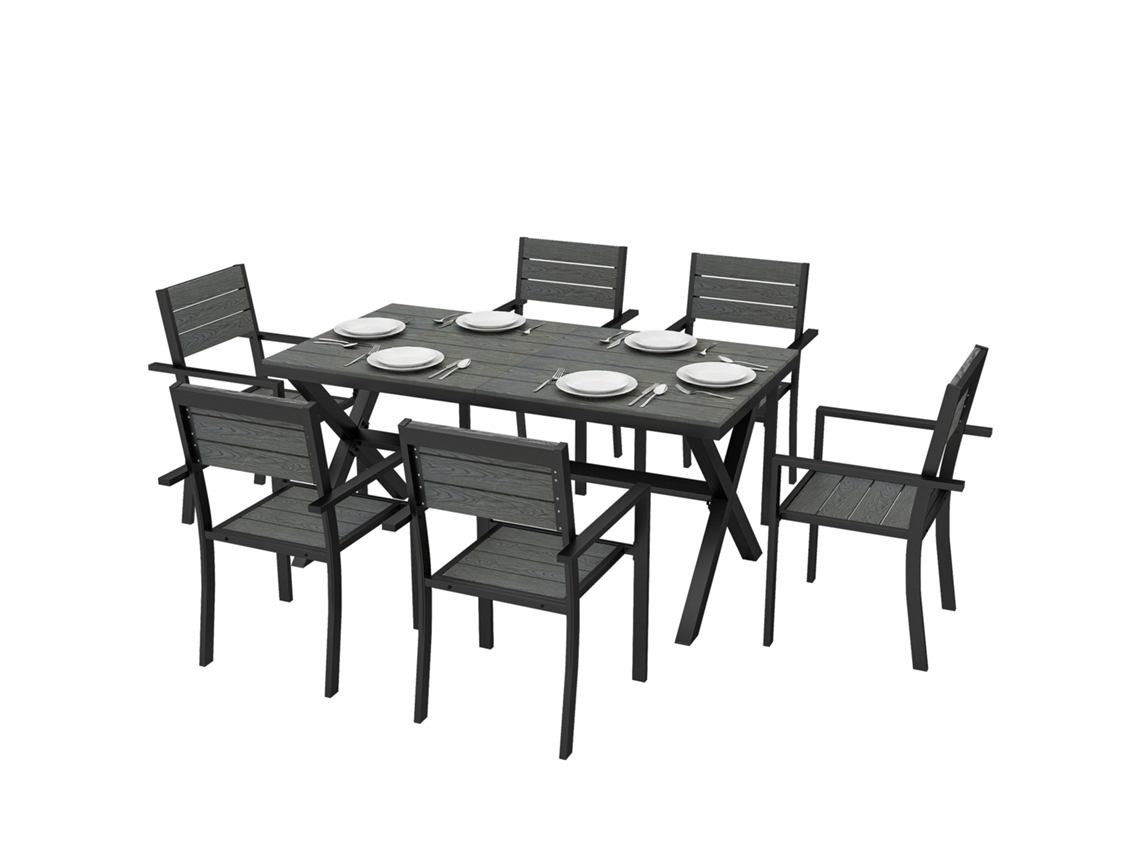 Conjunto De Jantar Externo De 7 Peças 6 Pessoas. Mesa E Cadeiras Empilháveis Com Ripas De Efeito Madeira. Estrutura De Alumínio. Cinza