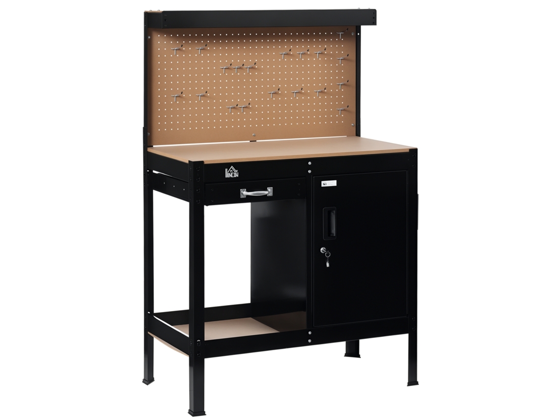 Bancada de Trabalho com Prateleira de Gavetas, Painel Perfurado, Armário com Fechadura 98,5x48x140 Cm Preto S/MARCA