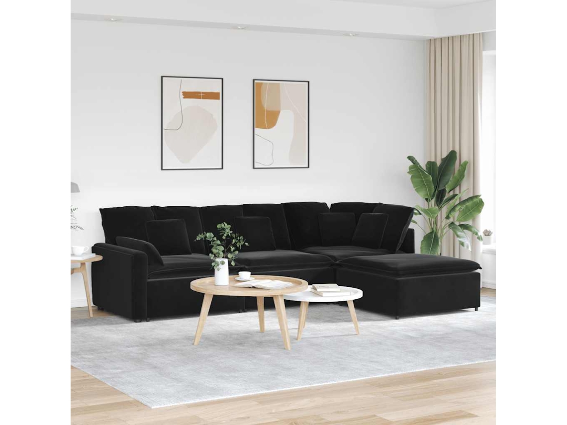 Vidaxl Sofá Modular Com Pufes E Almofadas Veludo Preto
