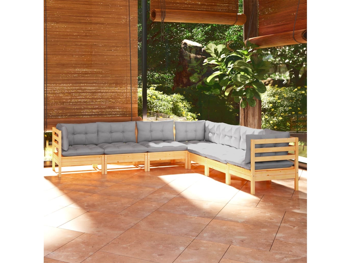 Vidaxl 7 Pcs Conjunto Lounge De Jardim + Almofadões Cinza Pinho Maciço