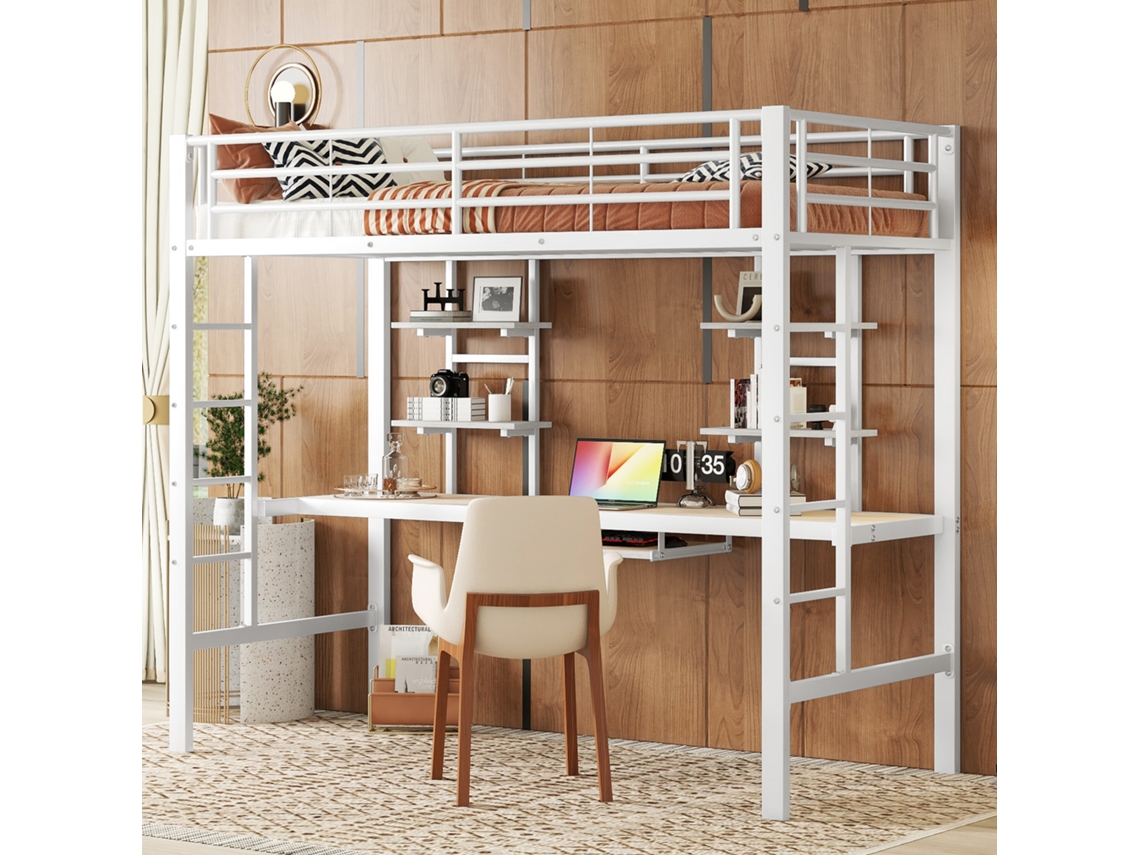 Cama Alta Metal 90x200 Com Escrivaninha E Prateleiras Brancas