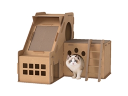 Arranhador para Gatos em Forma de Castelo 2 em 1 com 2 Áreas para Arranhar Catnip Rampa e Escada 67x66x57 Cm Castanho Ge