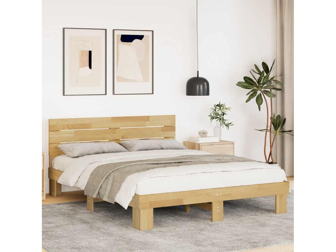 Vidaxl Estrutura Cama Cabeceira Sem Colchão 135x190 Cm Maciça Carvalho