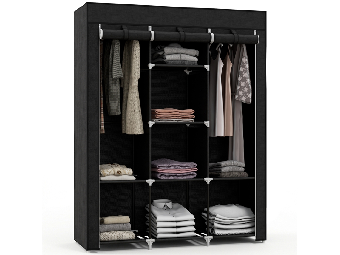 Guarda roupa Multifuncional com 8 Prateleiras e 2 Varões para Roupas, Tecido Não Tecido Preto, Organizador Espaçoso CHEZMOI
