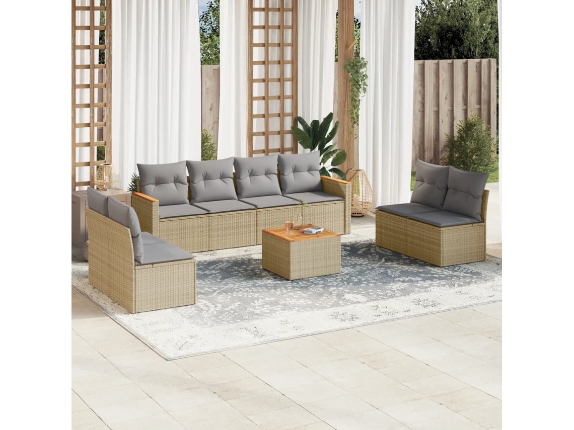 Vidaxl 9 Pcs Conj. Sofás Jardim C/ Almofadões Vime Pe Bege Misturado
