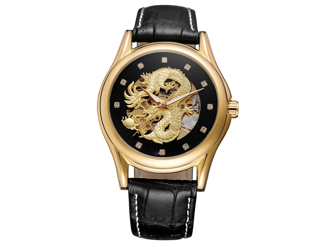 Relógio de pulso mecânico à prova d'água masculino Forsining (mostrador preto, caixa dourada, pulseira preta)
