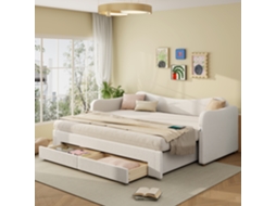 Sofá Cama 90x200 Cm Extensível 180 Cm 2 Gavetas Usb Bege Bouclé