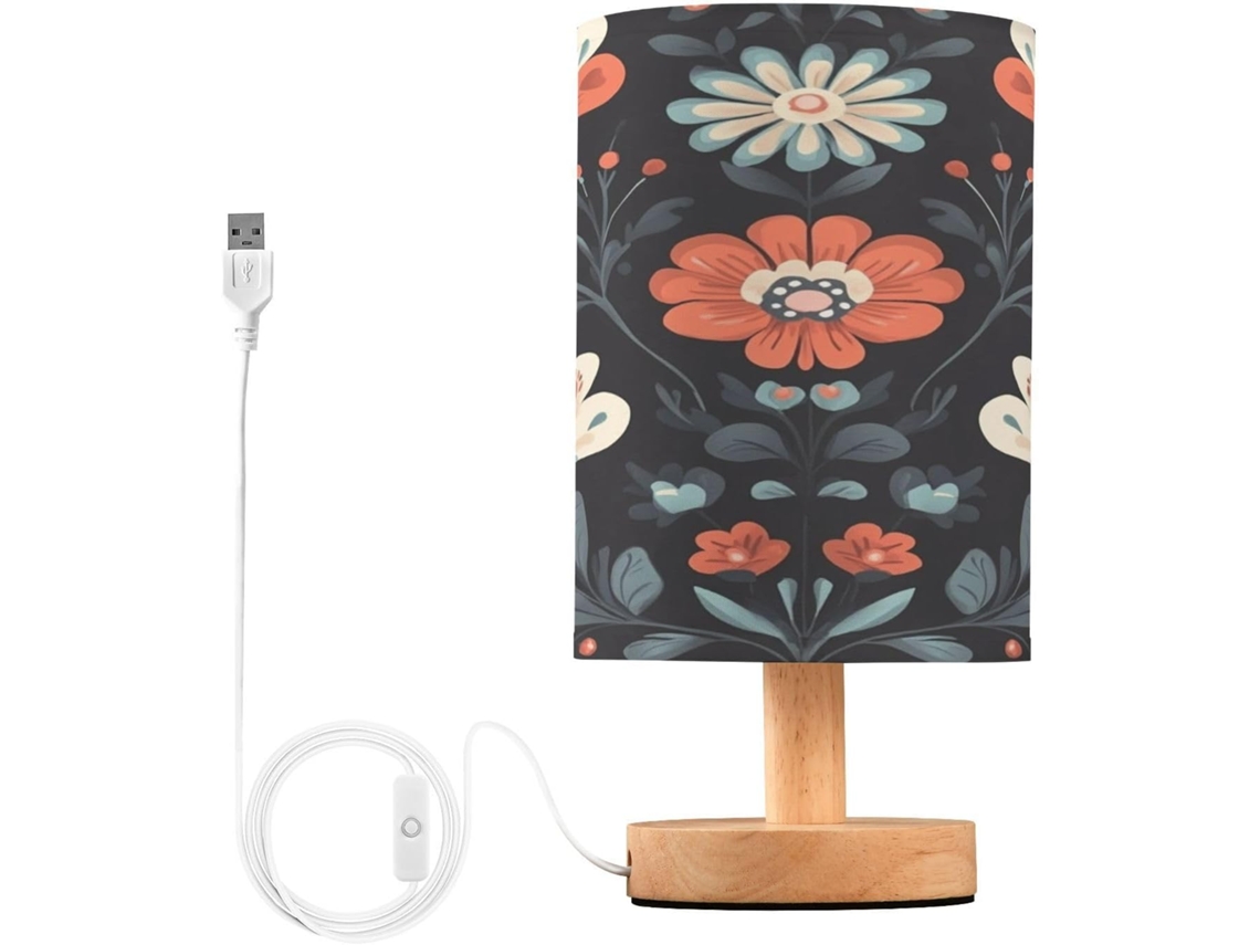 Abajur De Cabeceira Floral Para Quarto, Abajur De Cabeceira Led, Luminária De Leitura Com Portas Usb E Cúpula Tecido