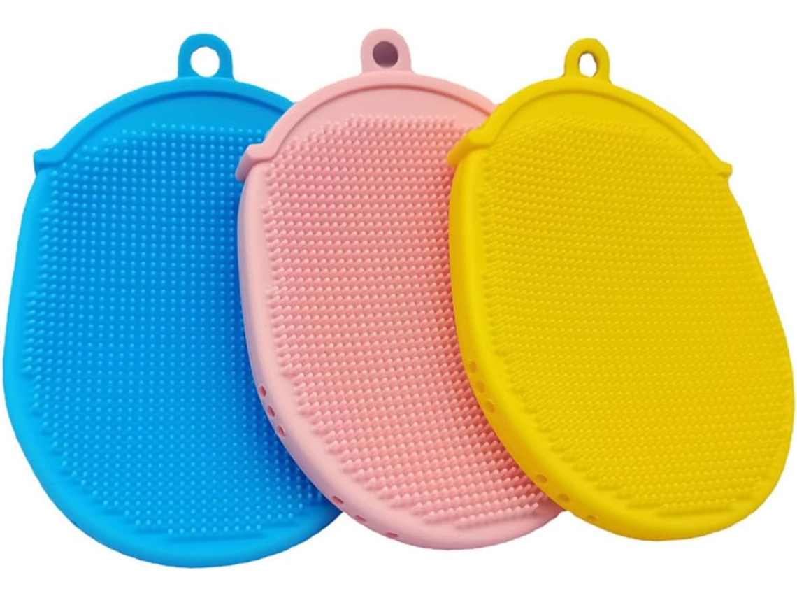 Conjunto De 3 Escovas Banho Silicone Dupla Face Escova Massagem A Seco Para Com Cabo Antiderrapante Esfoliação E