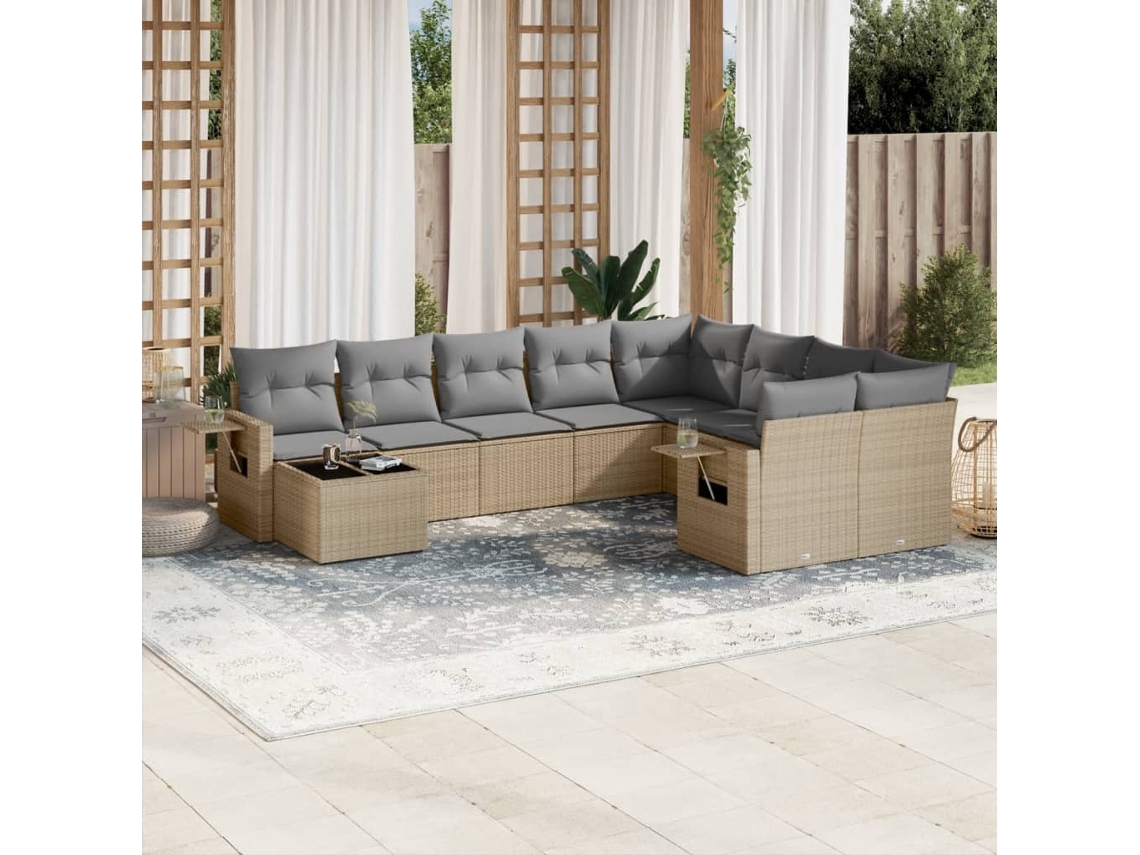 Vidaxl 10 Pcs Conjunto De Sofás P/ Jardim Com Almofadões Vime Pe Bege