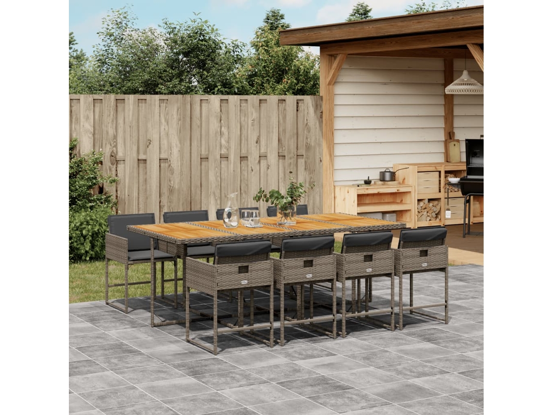 9 Pcs Conjunto De Jantar P/ Jardim C/ Almofadões Vime Pe Cinza Dkd Home Decor