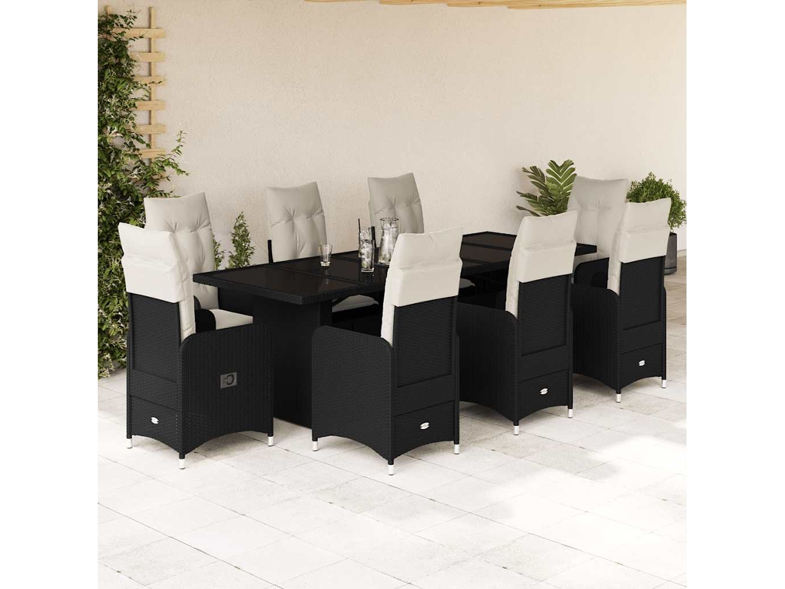 Vidaxl 9 Pcs Conjunto De Bistrô P/ Jardim C/ Almofadões Vime Pe Preto