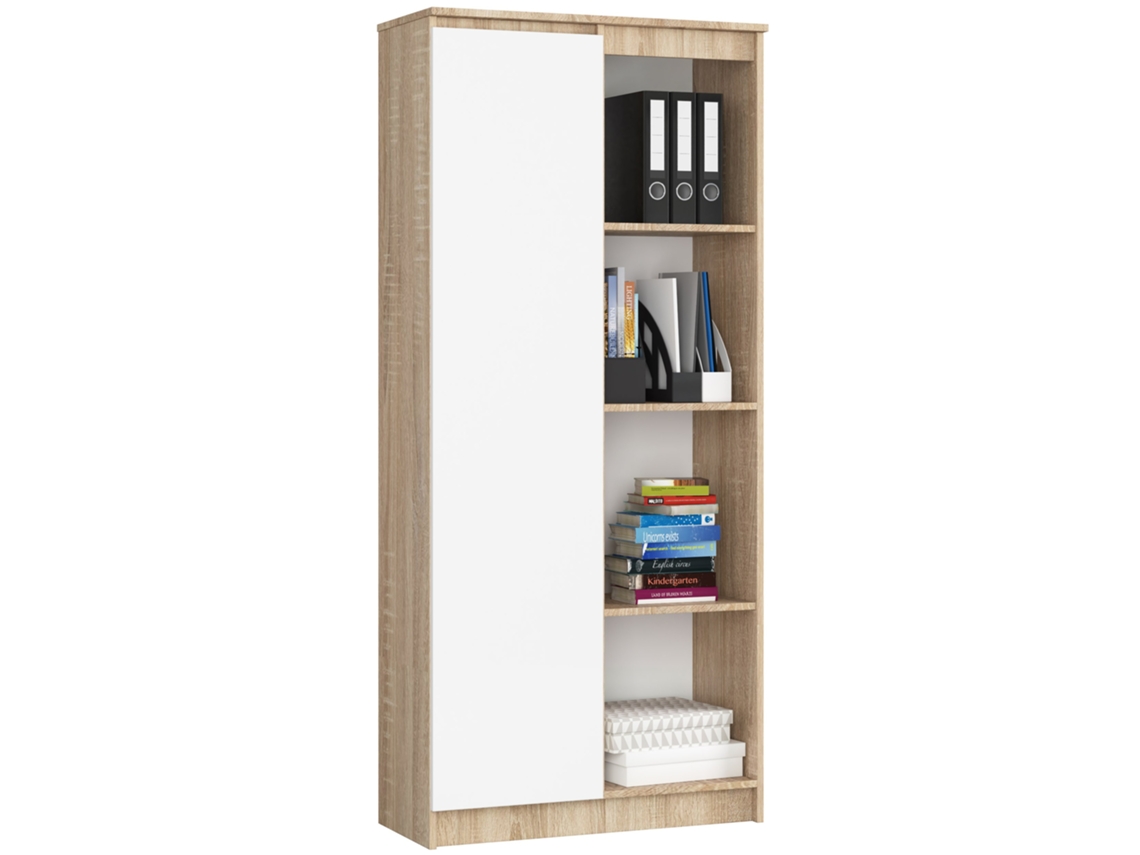 Estante Akord R80 Carvalho Sonoma, 80 Cm, 1 Porta, Frente Na Cor Branco, 4 Prateleiras, 80 × 35 × 180 Cm