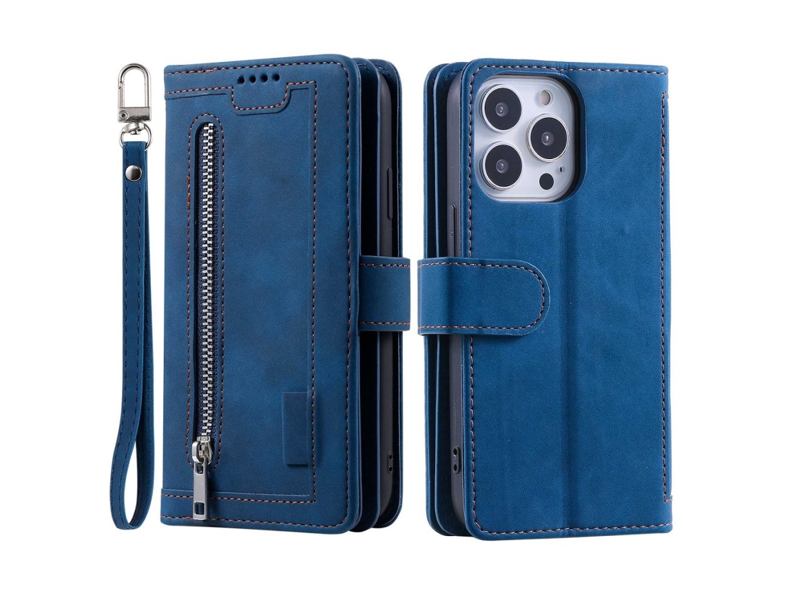 Capa Para Iphone 15 Pro Max Pele Sintética Com Porta-cartões Azul